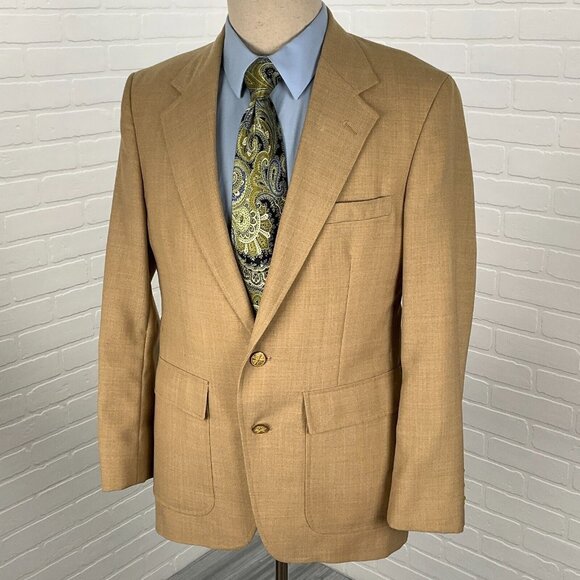 London Fog Blazer Men 39 Tan Woven Cannon Gold Button Classic Jacket‎ USA VTG - Picture 1 of 16